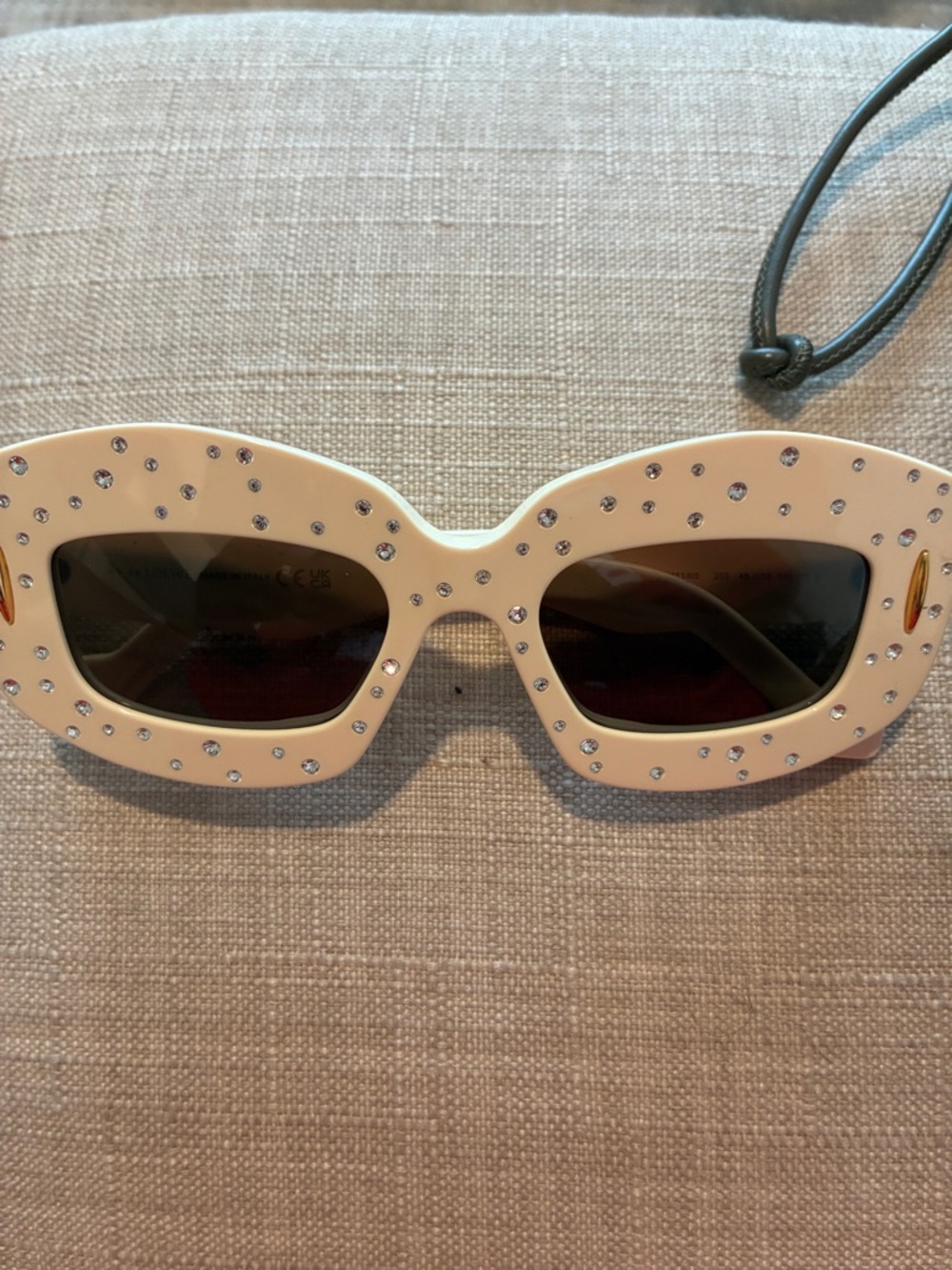 Loewe Cream Crystal-Studded Rectangular Sunglasses